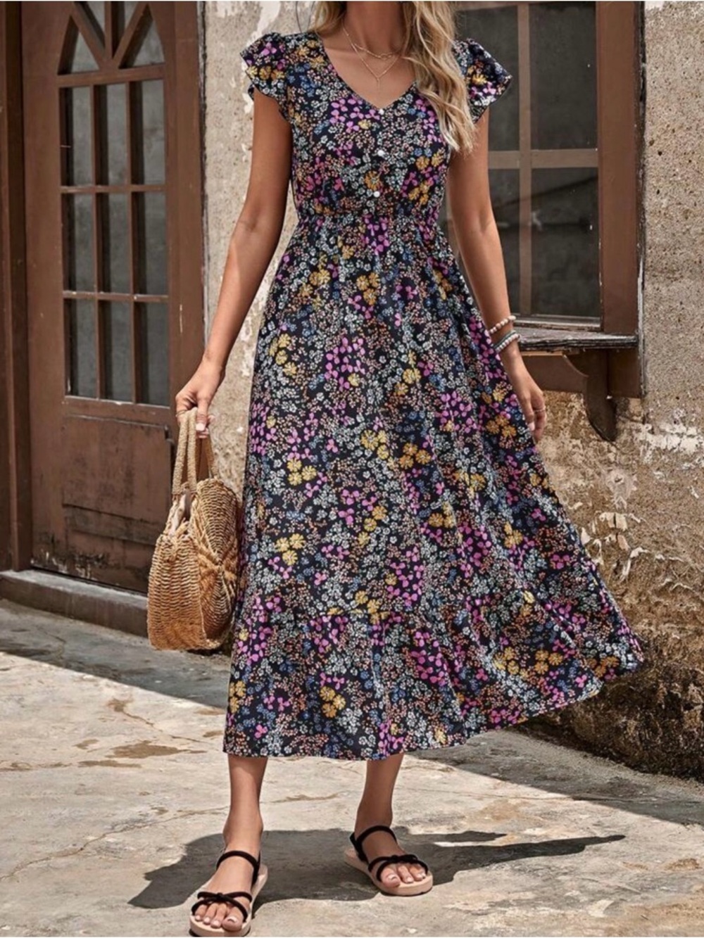 Women’s Black Floral Midi Dress